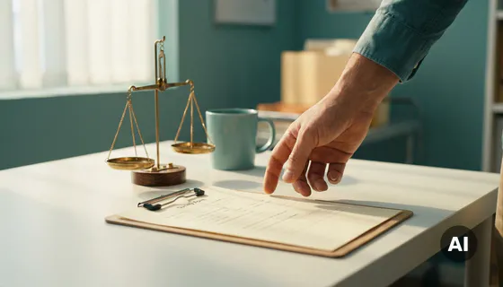 Onderzoekershand boven leeg enquêteformulier op klembord, met gekantelde weegschaal op bureau die vraagstelling-bias symboliseert.
