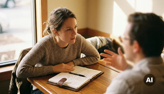 Onderzoeker leunt voorover aan cafétafel met open notitieboek, in gesprek met respondent, warm natuurlijk raamlicht.