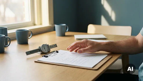 Onderzoekershand boven een enquêteformulier op klembord met een schuifregelaar op uiterste stand, op een modern Amsterdams bureau.