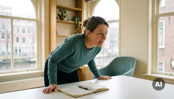 Onderzoeker leunt aandachtig voorover aan wit bureau in Amsterdams kantoor, met open notitieboek, in zacht natuurlijk daglicht.