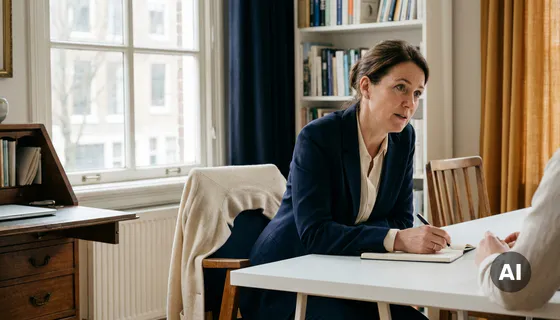 Onderzoeker leunt aandachtig voorover aan wit bureau met notitieblok, in warm verlicht Amsterdams kantoor met marineblauwe en amberkleurige accenten.