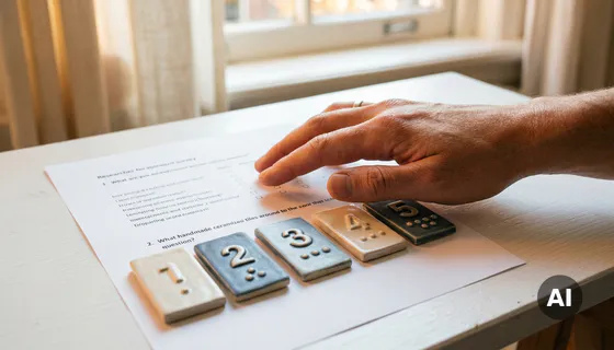 Onderzoekershand boven een enquêteformulier met vijf genummerde keramische tegels als beoordelingsschaal, zacht Amsterdams studiolicht.