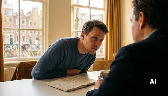 Onderzoeker leunt voorover aan wit bureau tijdens één-op-één interview, met notitieboek en dampende koffie, in licht Amsterdams kantoor.