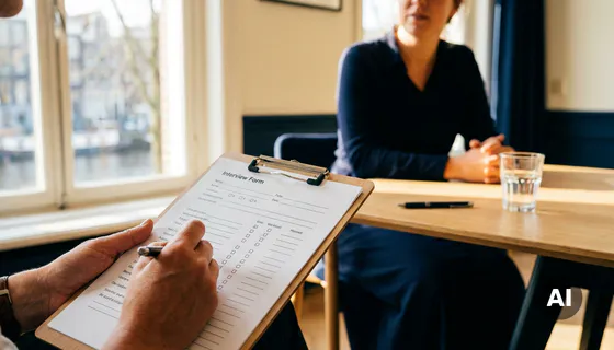 Onderzoeker houdt klembord met interviewformulier vast tegenover deelnemer in licht Amsterdams kantoor.