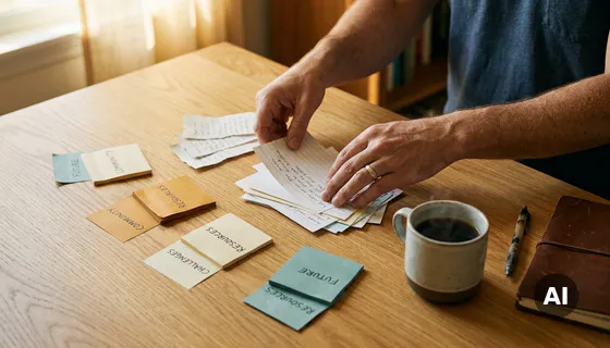Onderzoeker sorteert handgeschreven interviewnotities en gekleurde sticky notes op thema op een licht eikenhouten bureau, dampende koffie ernaast.