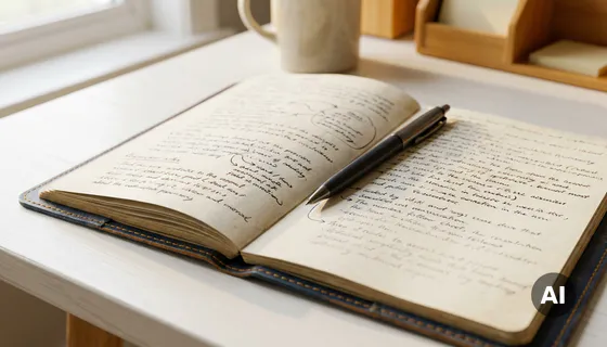 Open notitieboek met dichte handgeschreven interviewaantekeningen op wit bureau, pen rustend op de pagina, zacht natuurlijk licht.