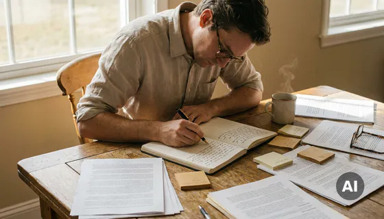 Onderzoeker schrijft handgeschreven aantekeningen in notitieboek, omringd door interviewtranscripten en sticky notes op houten tafel, met koffie erbij.