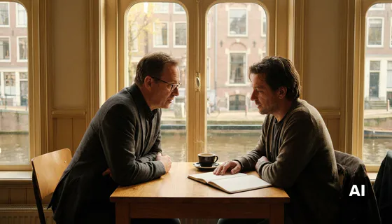 Onderzoeker in gesprek met respondent aan eiken tafel met notitieboek en koffie, warm Amsterdams kanaallicht door hoge ramen.