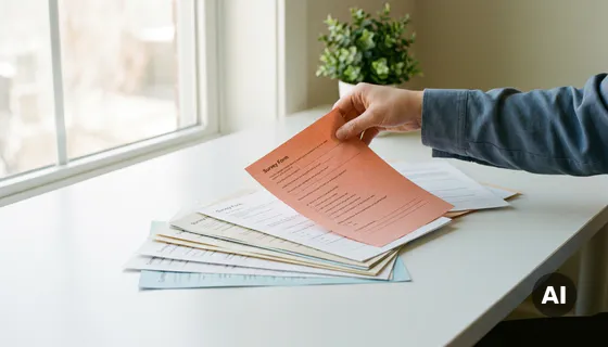 Onderzoeker selecteert één enquêteformulier uit een waaier van responsformulieren op een wit bureau, met een kleine plant op de achtergrond.