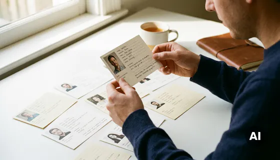 Onderzoeker bekijkt diverse kandidaatprofielen op een wit bureau, één kaart omhooggehouden in warm natuurlijk licht.