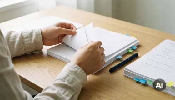 Onderzoeker sorteert witte enquêteformulieren op een lichte eiken bureau, met kleurgecodeerde tabbladen en een pen ernaast.