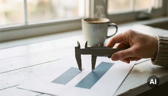 Onderzoekershand met meetschuifmaat over twee vrijwel identieke staafdiagrammen op papier, koffiekopje op de achtergrond.
