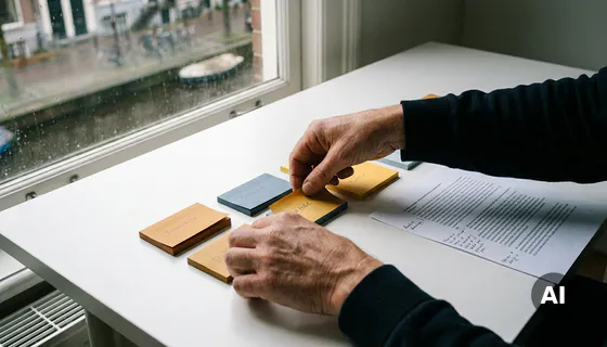Onderzoeker sorteert kleurgecodeerde sticky notes in gelabelde clusters op wit bureau, met geannoteerd interviewtranscript ernaast.