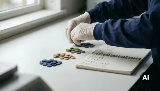 Onderzoeker rangschikt gekleurde tokens in vier groepen op witte tafel, met een notitieboek vol handgeschreven tellingen ernaast.