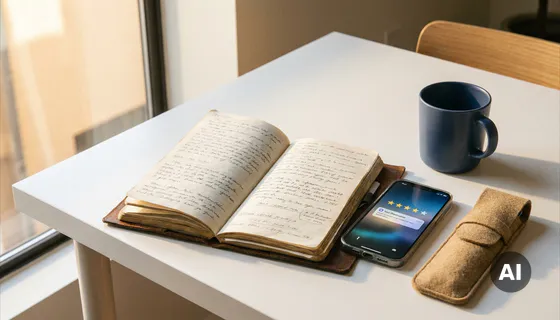 Onderzoekersnotitieboek met handgeschreven aantekeningen naast smartphone met sterrenbeoordeling op wit bureau in Amsterdam, warm daglicht.