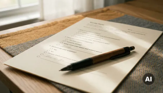 Gedeeltelijk ingevuld enquêteformulier op wit bureau met pen, lege antwoordvelden en zachte natuurlijke belichting.