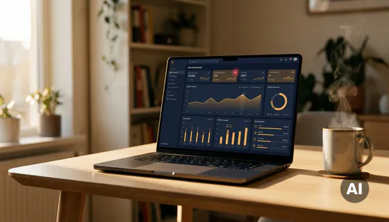 Laptop met realtime analytics dashboard op modern bureau, met rode notificatiedot en dampende koffie in navy en amber tinten.
