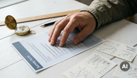 Hand boven een gedrukte tevredenheidssurvey op wit bureau, omringd door kompas, liniaal en schetsmatige datagrammen, zacht natuurlijk daglicht.