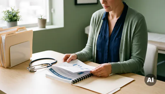 Zorginkoper bestudeert klanttevredenheidsrapport aan klinisch bureau met stethoscoop en patiëntendossiers, warm natuurlijk licht.